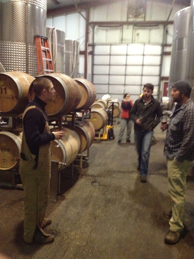 Touring the barrel room with Nick, Camilla, Harry and Dave.